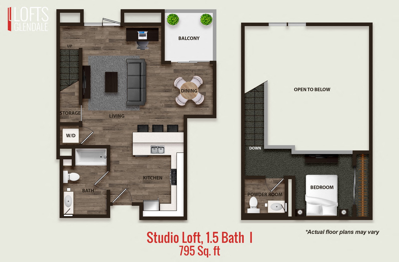 Floor plan for studio, 1 bath, 795 sqft